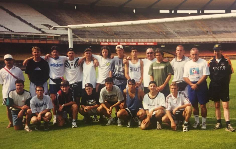 The Australian Schoolboys team visiting the Maracana in Rio De Janeiro, 1997. Peter Grguric is sixth from the left in the white t-shirt.